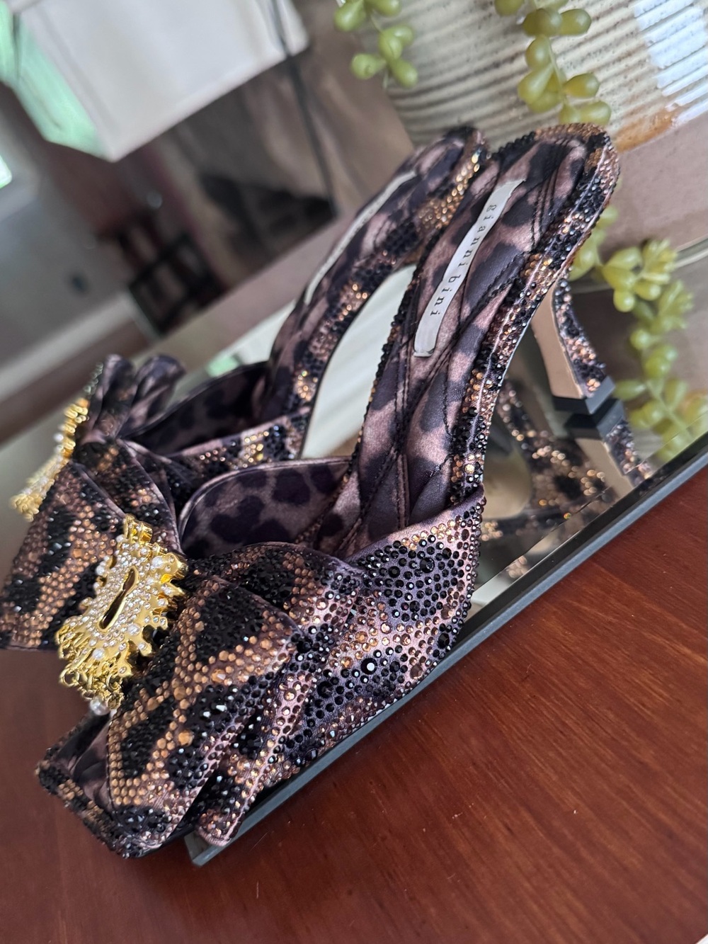 Embellished Leopard Print Evening Heels - Gold & Black